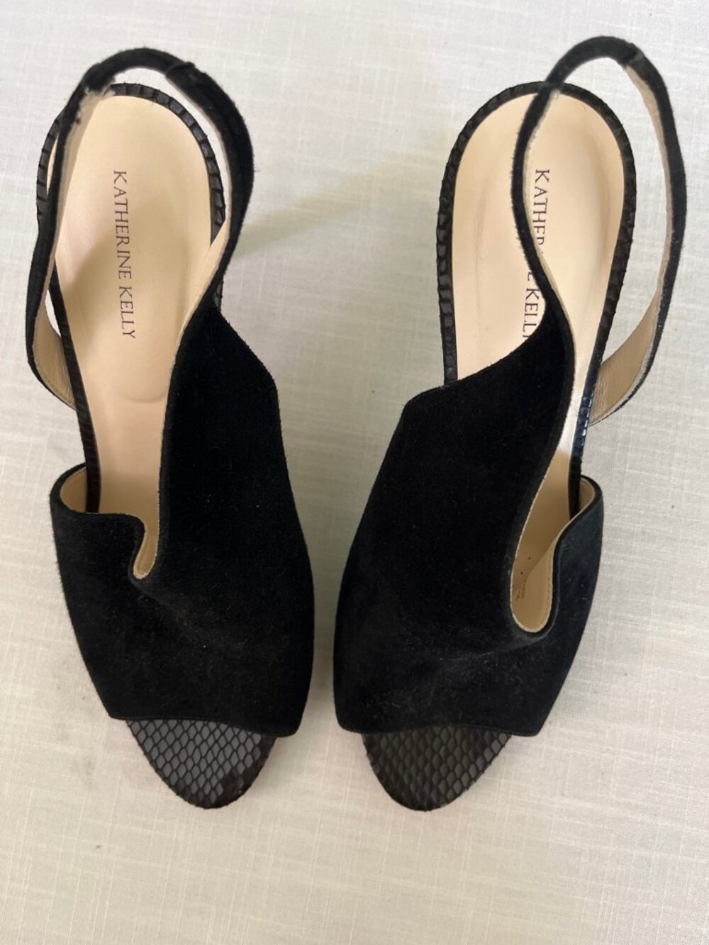 Katherine Kelly black suede slingback peep toe heels 9.5